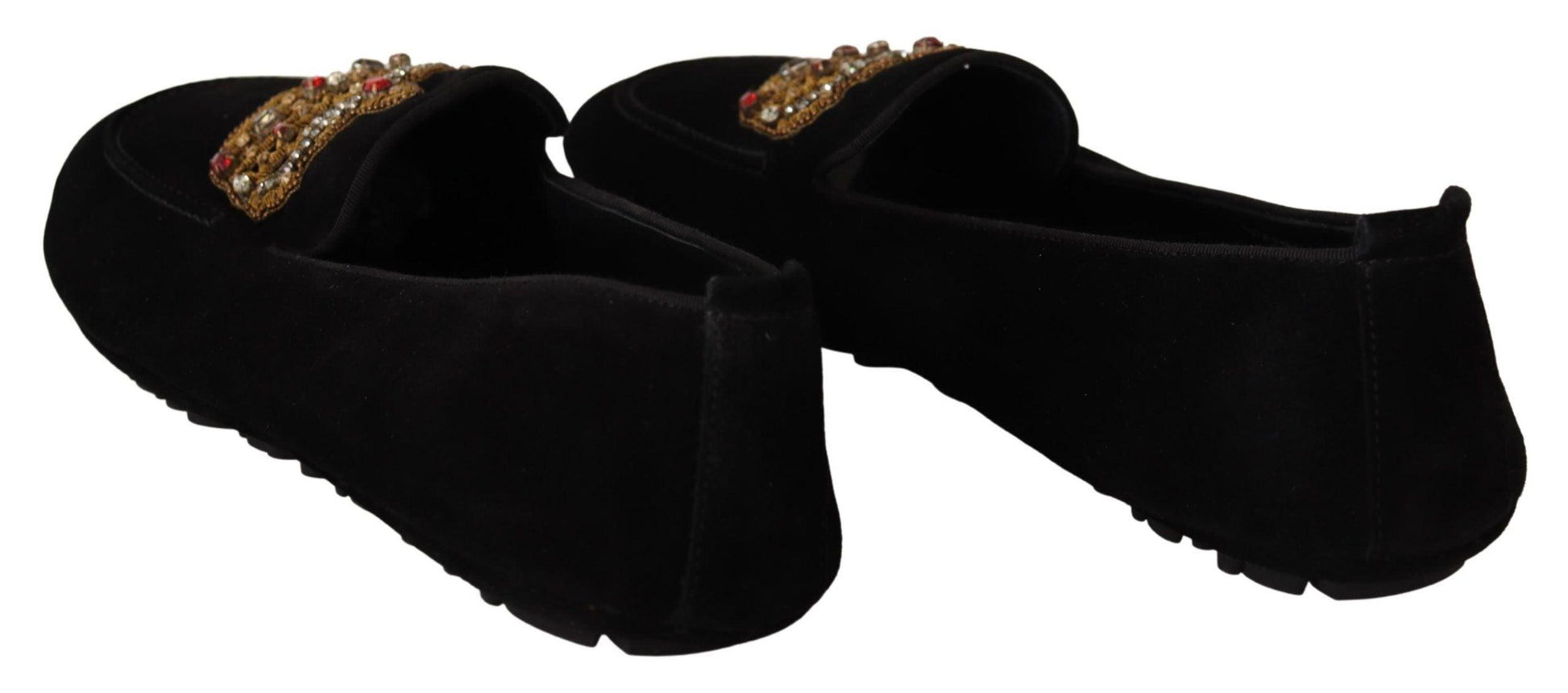 Dolce & Gabbana Elegant Black Leather Loafer Slides with Gold Embroidery - Arichezz.store