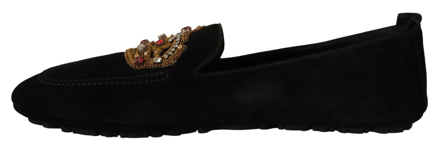 Dolce & Gabbana Elegant Black Leather Loafer Slides with Gold Embroidery - Arichezz.store