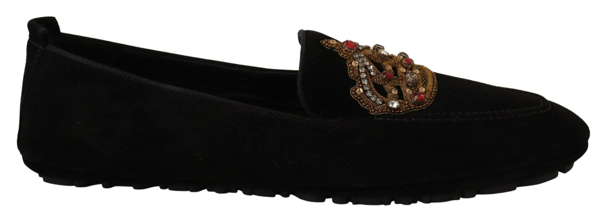 Dolce & Gabbana Elegant Black Leather Loafer Slides with Gold Embroidery - Arichezz.store