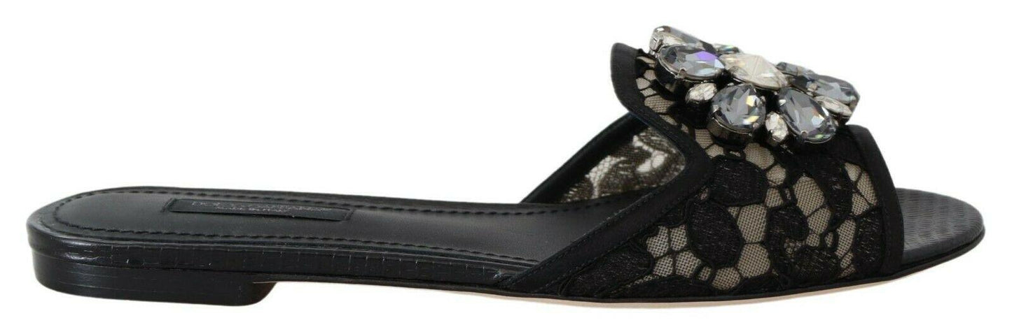 Dolce & Gabbana Elegant Black Lace Mules with Jewel Flower Detail - Arichezz.store