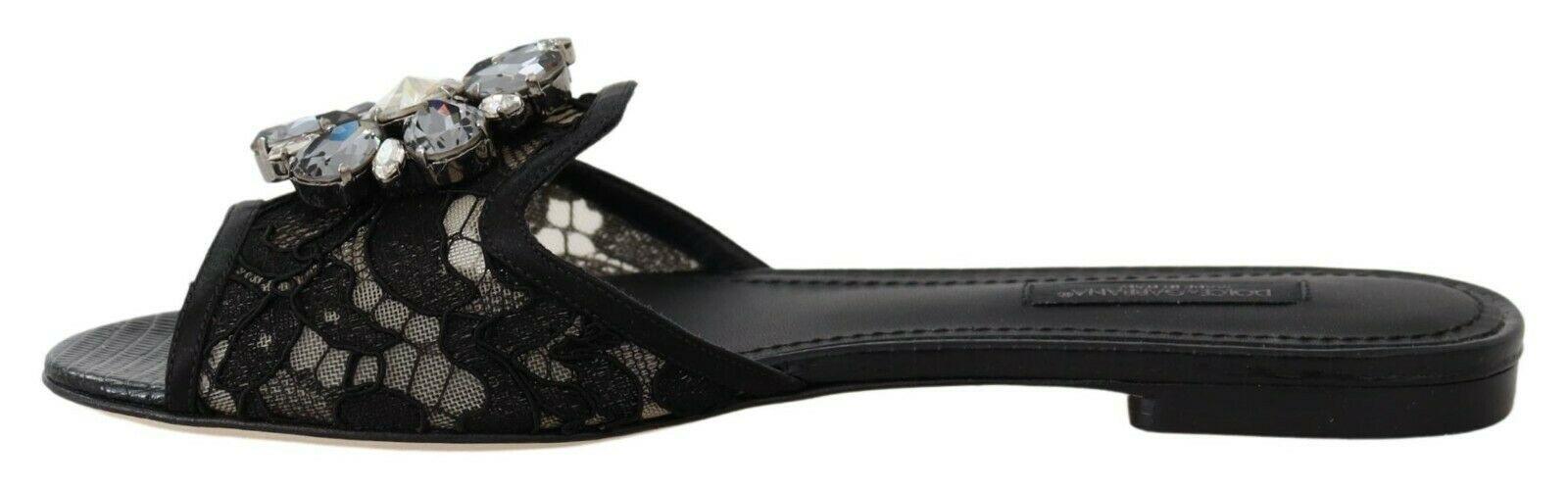 Dolce & Gabbana Elegant Black Lace Mules with Jewel Flower Detail - Arichezz.store