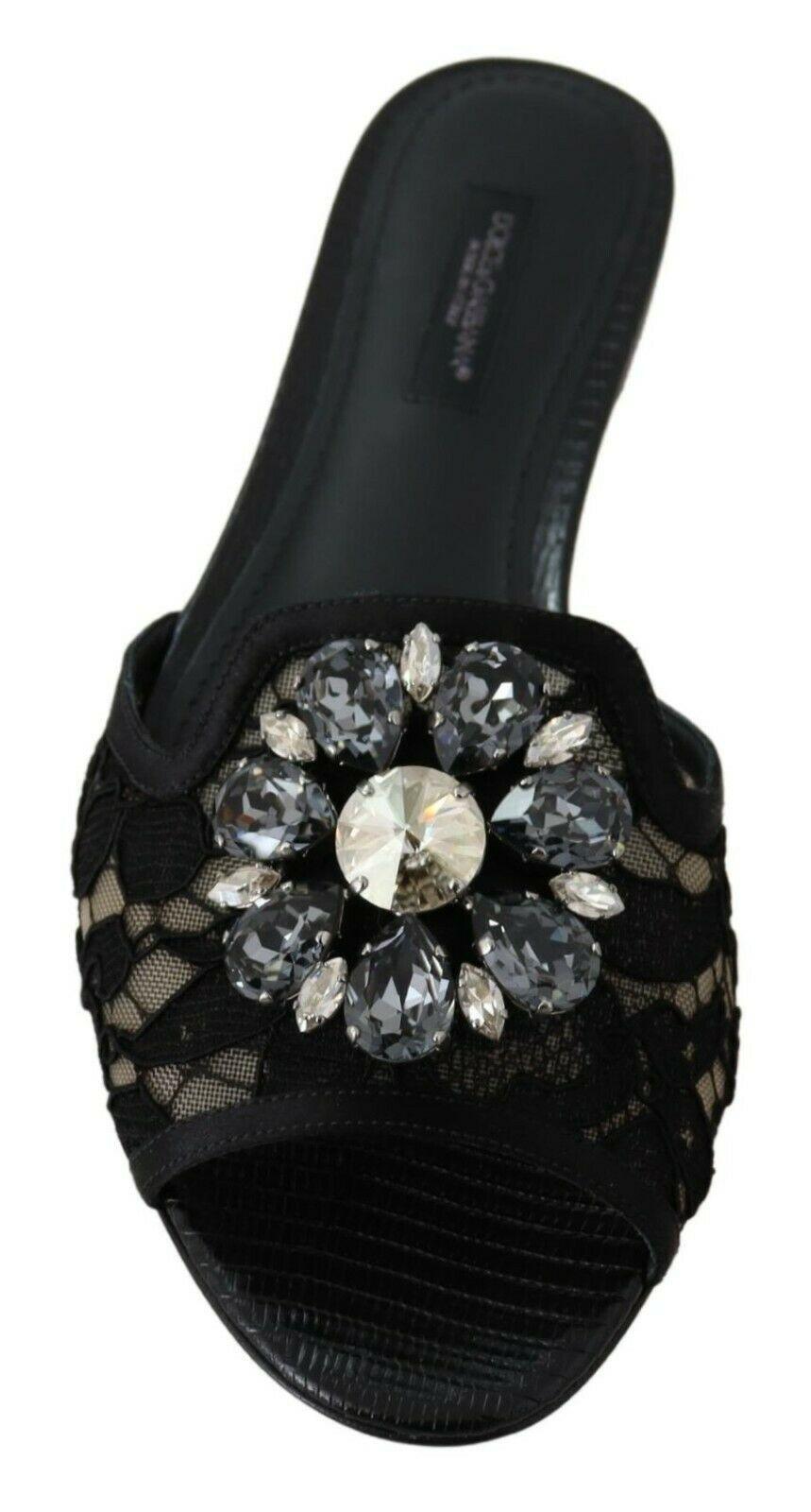 Dolce & Gabbana Elegant Black Lace Mules with Jewel Flower Detail - Arichezz.store