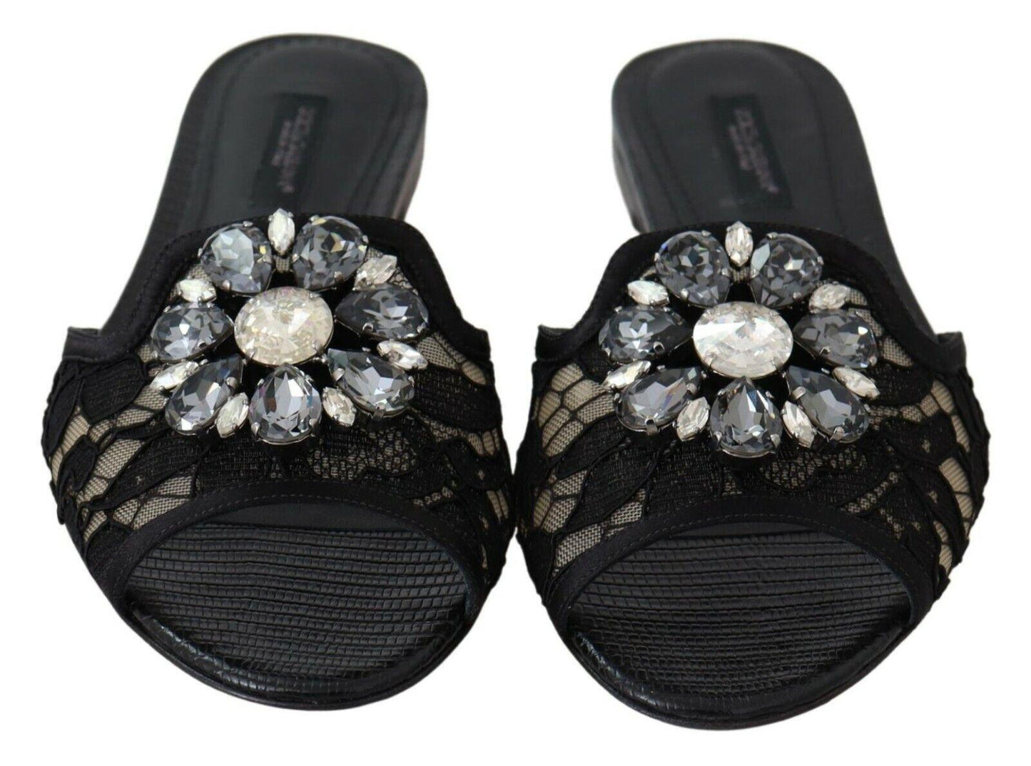 Dolce & Gabbana Elegant Black Lace Mules with Jewel Flower Detail - Arichezz.store