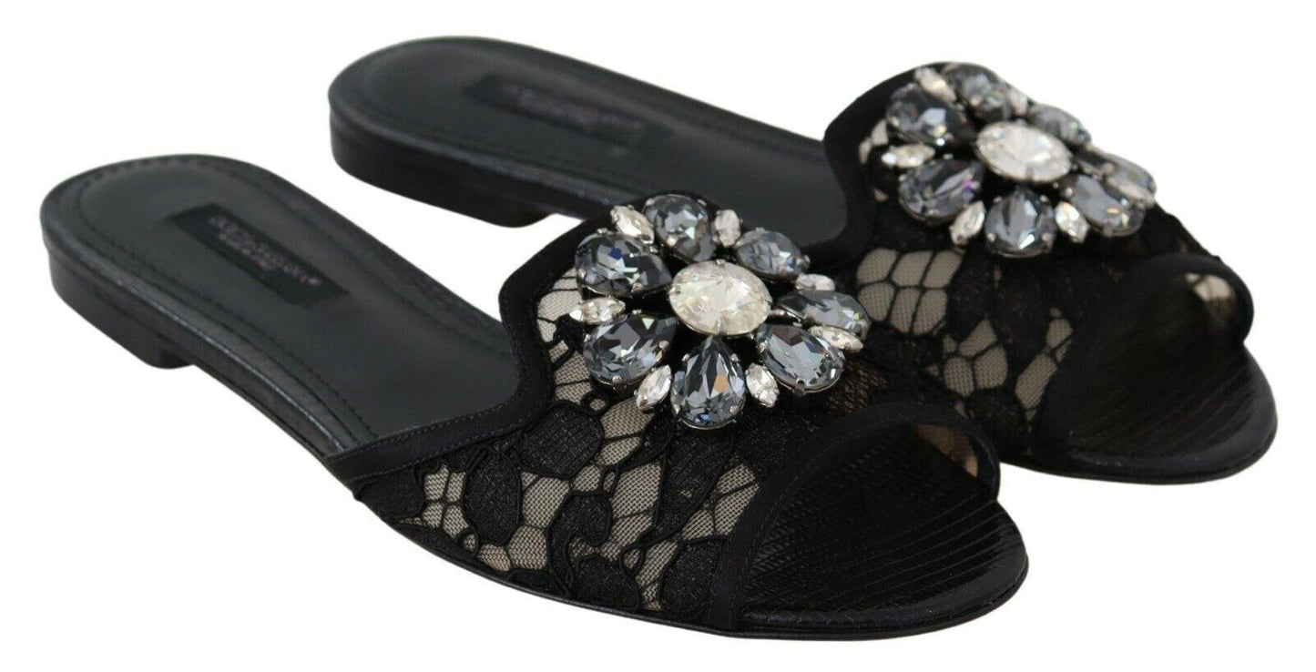 Dolce & Gabbana Elegant Black Lace Mules with Jewel Flower Detail - Arichezz.store