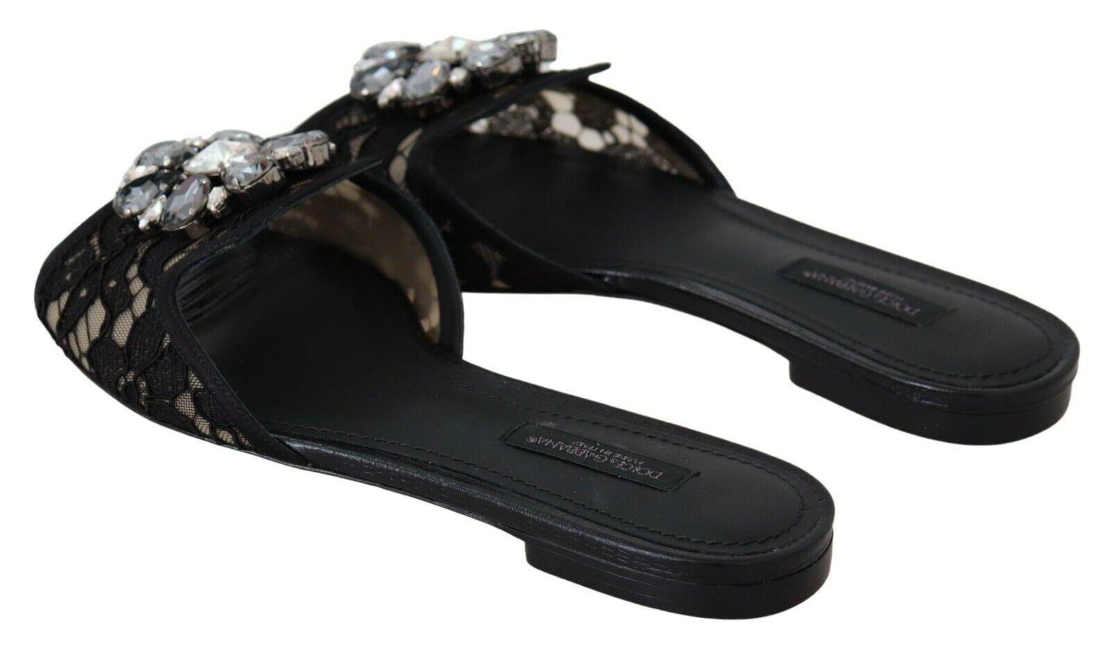 Dolce & Gabbana Elegant Black Lace Mules with Jewel Flower Detail - Arichezz.store