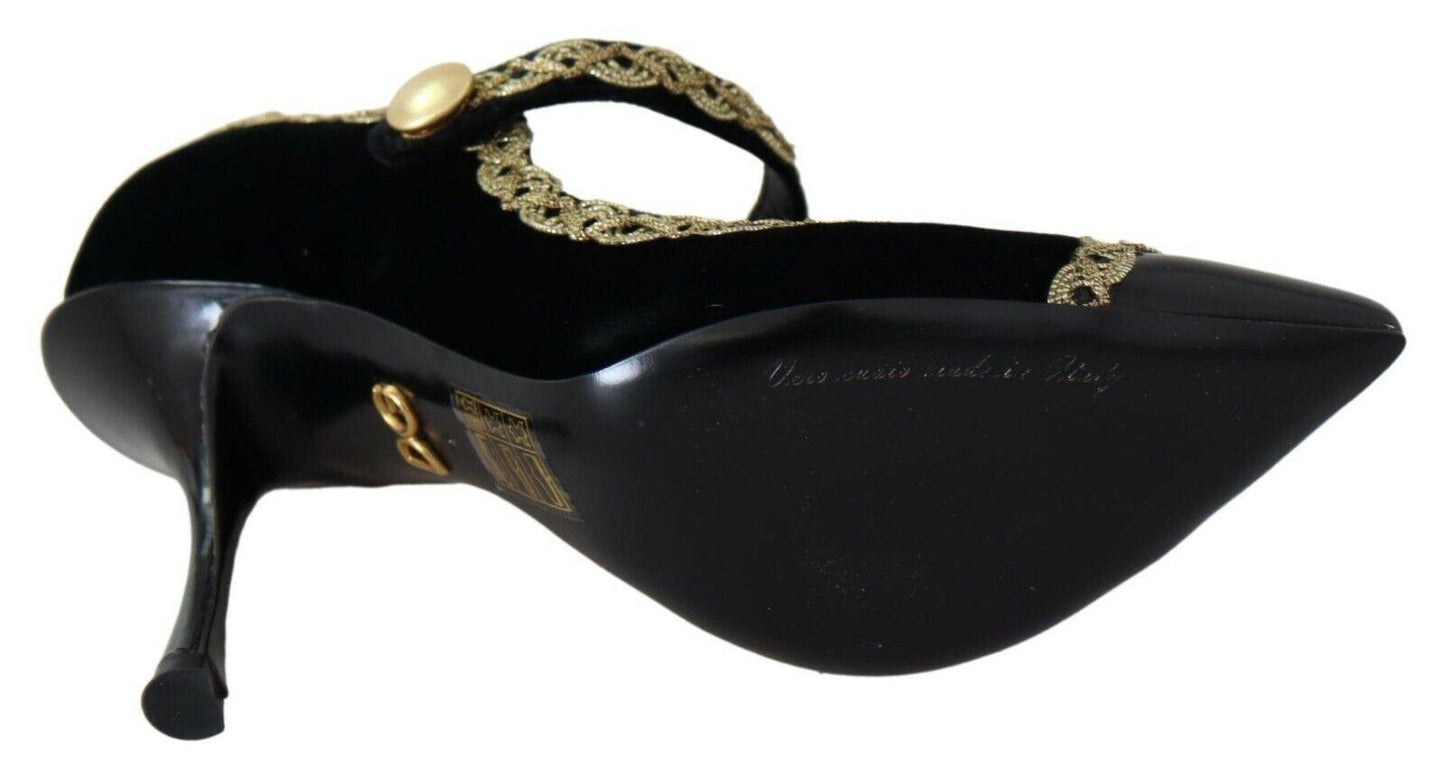 Dolce & Gabbana Elegant Gold-Embroidered Black Velvet Pumps - Arichezz.store