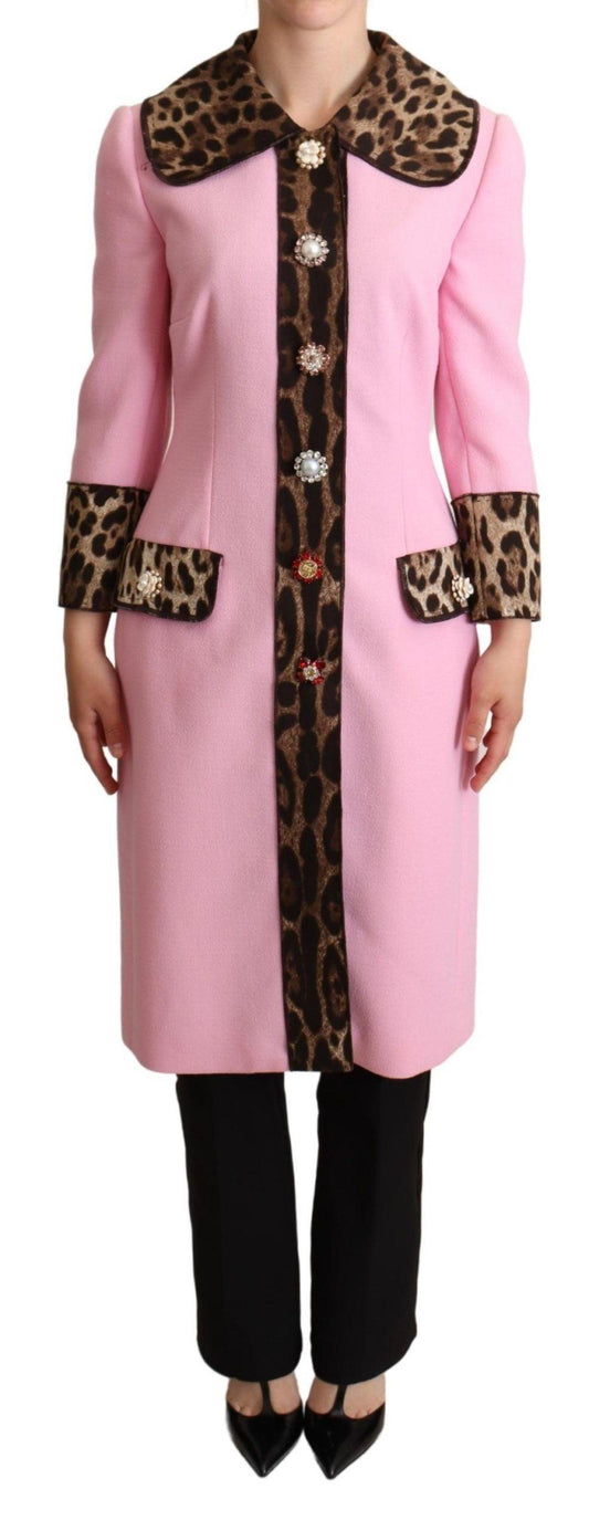 Dolce & Gabbana Pink Leopard Trench Coat with Crystal Buttons - Arichezz.store