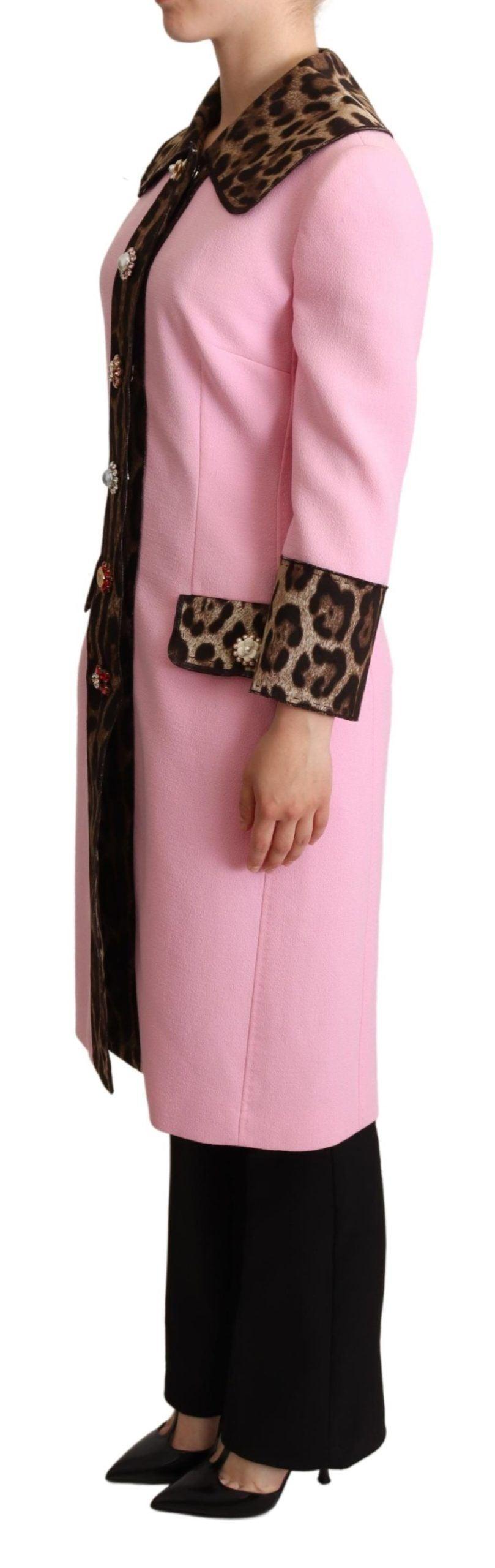 Dolce & Gabbana Pink Leopard Trench Coat with Crystal Buttons - Arichezz.store