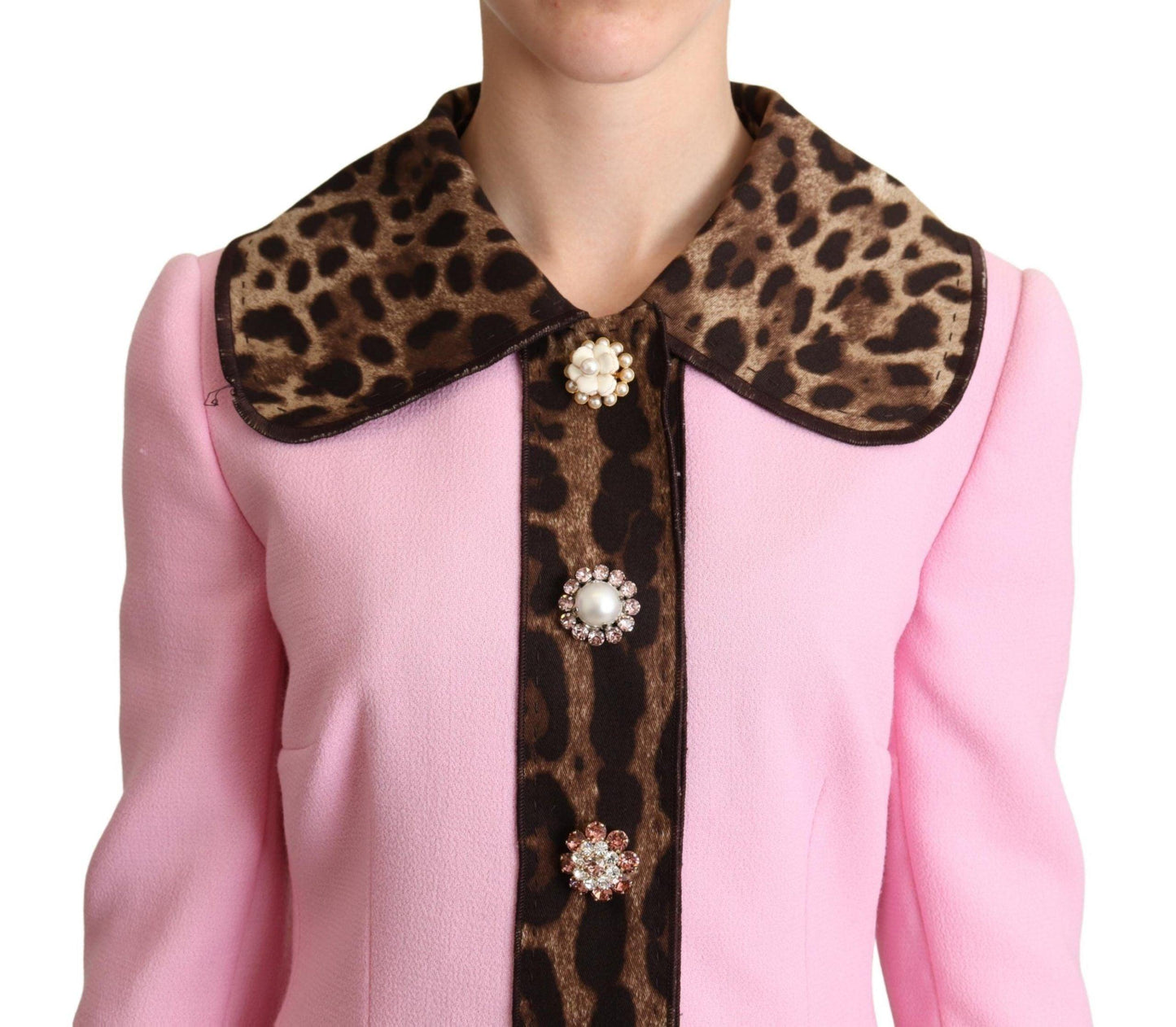 Dolce & Gabbana Pink Leopard Trench Coat with Crystal Buttons - Arichezz.store