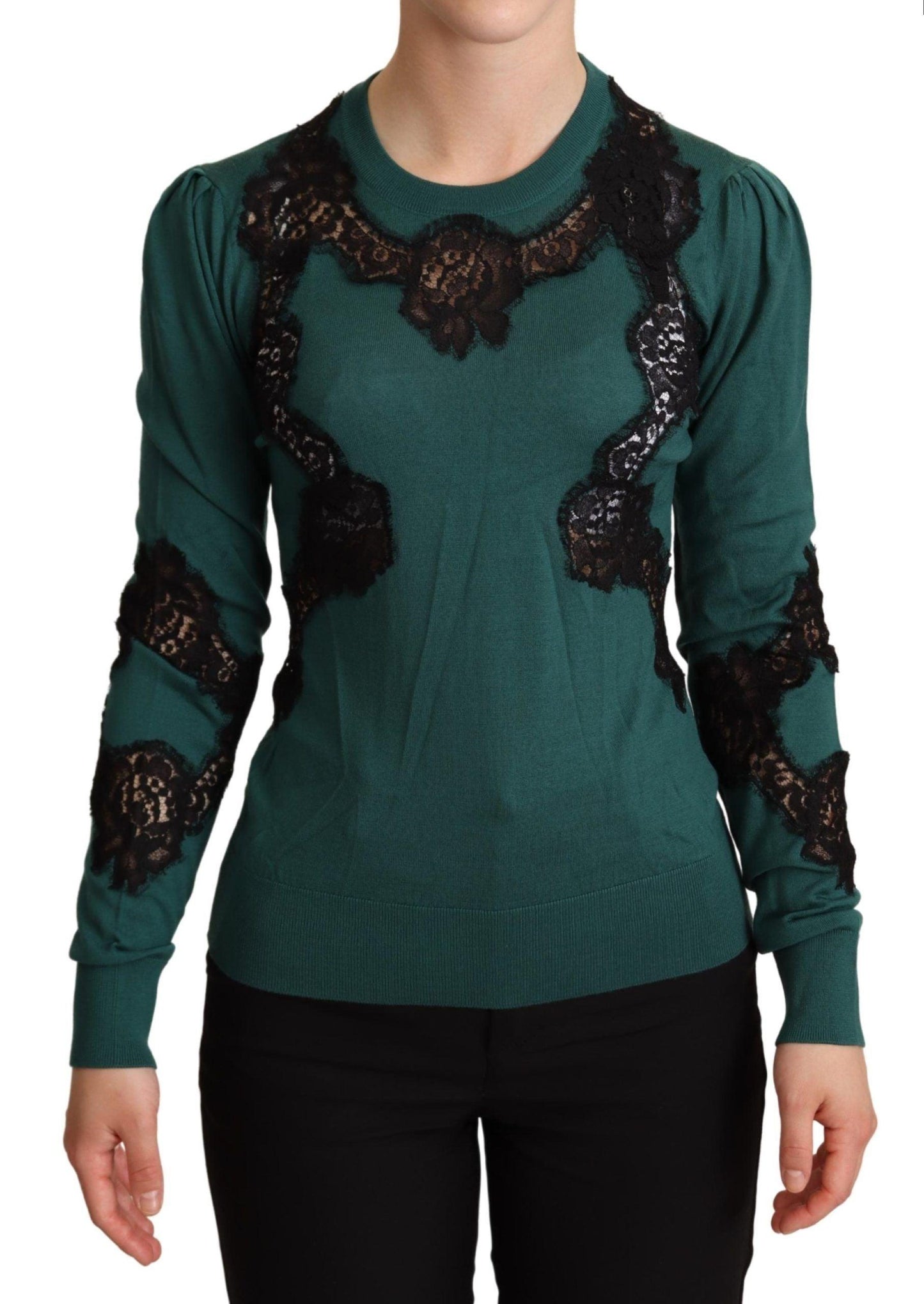 Dolce & Gabbana Elegant Green Pullover with Black Lace Detail - Arichezz.store