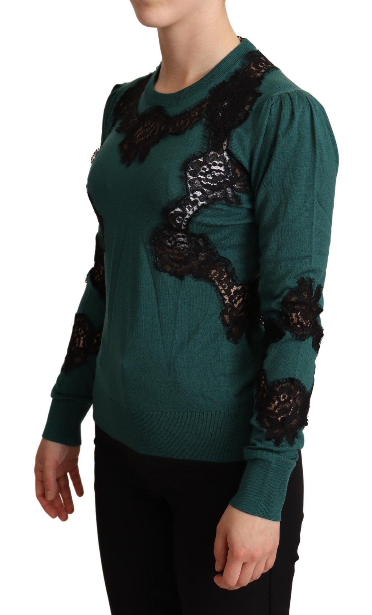 Dolce & Gabbana Elegant Green Pullover with Black Lace Detail - Arichezz.store