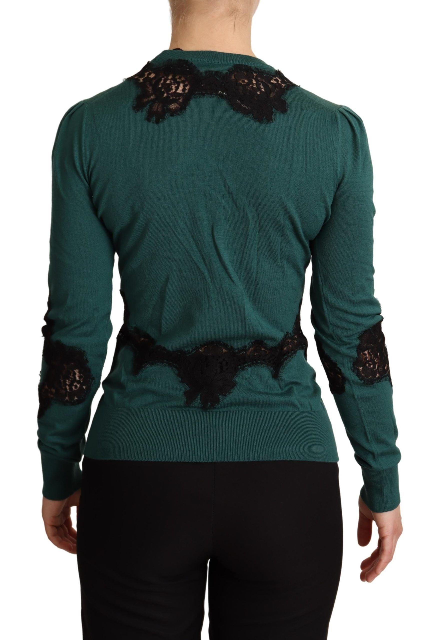 Dolce & Gabbana Elegant Green Pullover with Black Lace Detail - Arichezz.store