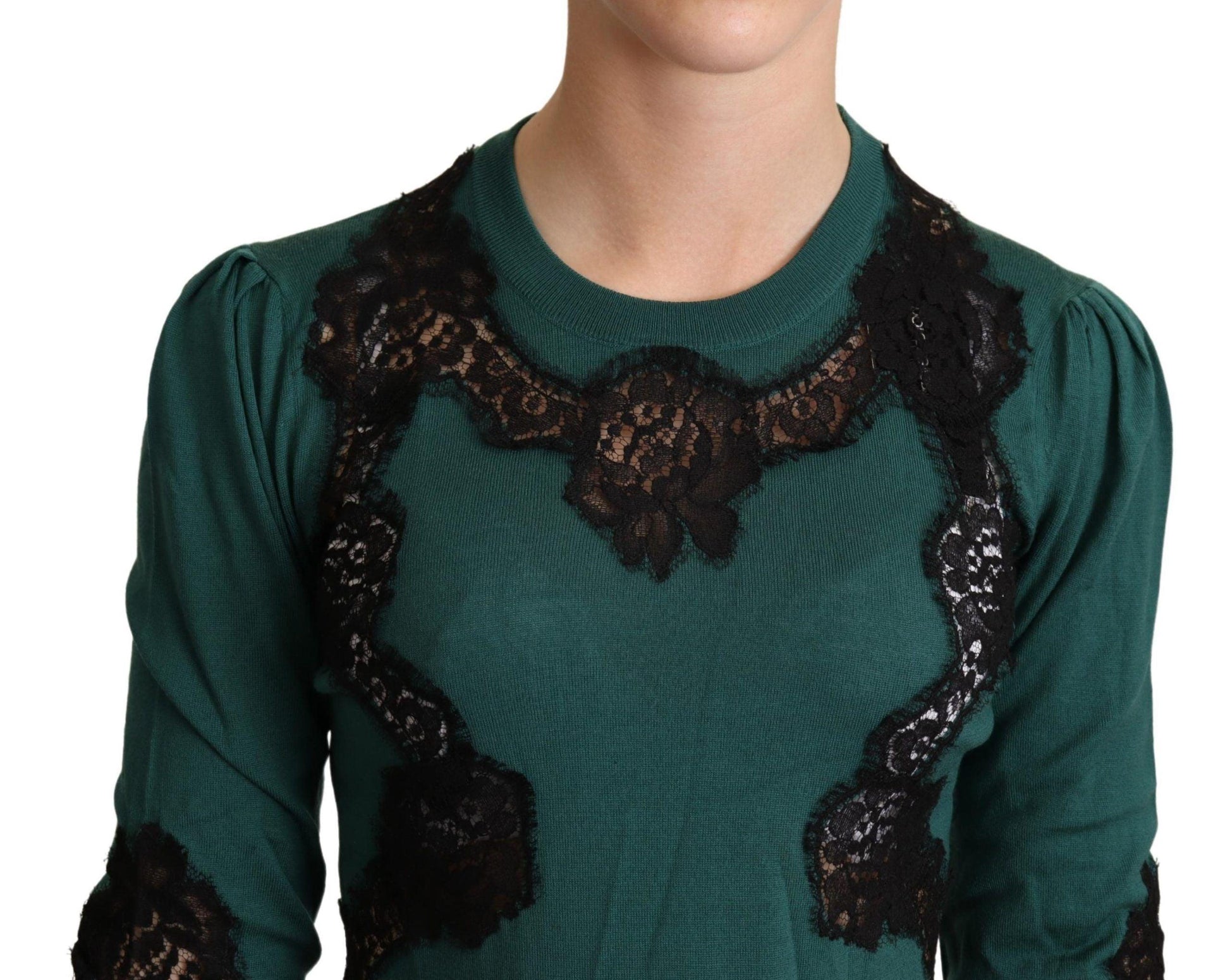 Dolce & Gabbana Elegant Green Pullover with Black Lace Detail - Arichezz.store