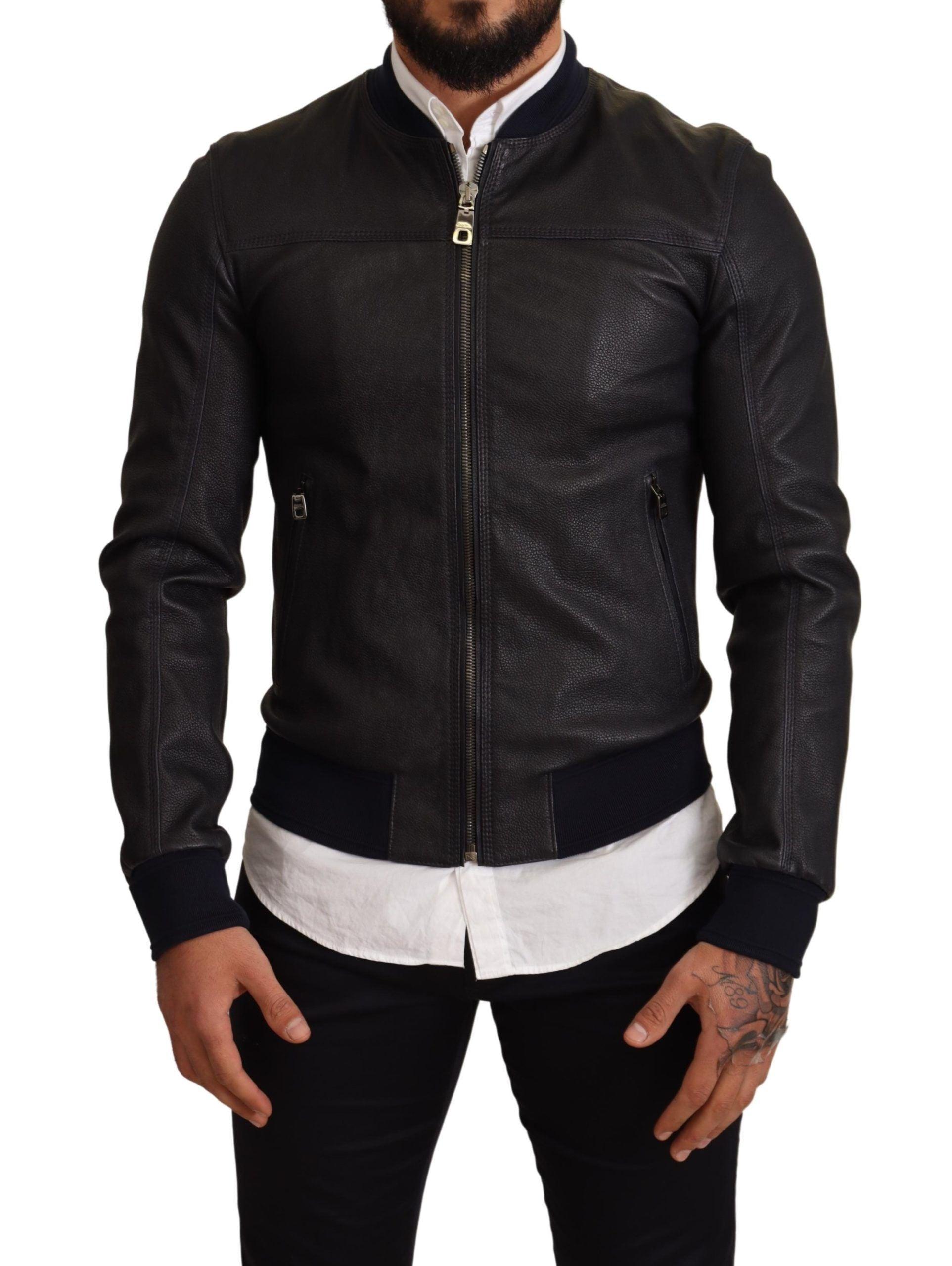 Dolce & Gabbana Elegant Leather Bomber Jacket in Dark Blue - Arichezz.store