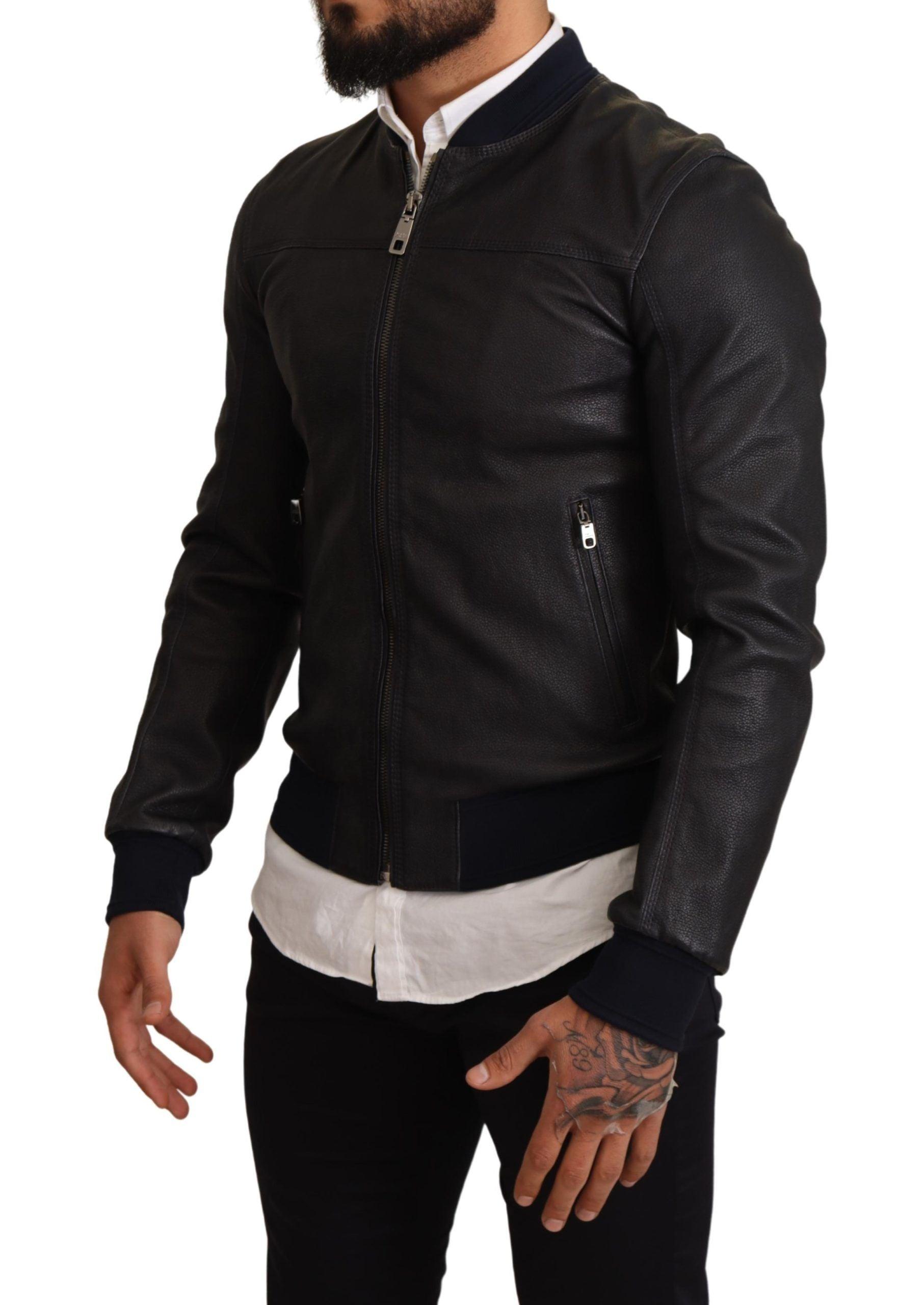 Dolce & Gabbana Elegant Leather Bomber Jacket in Dark Blue - Arichezz.store