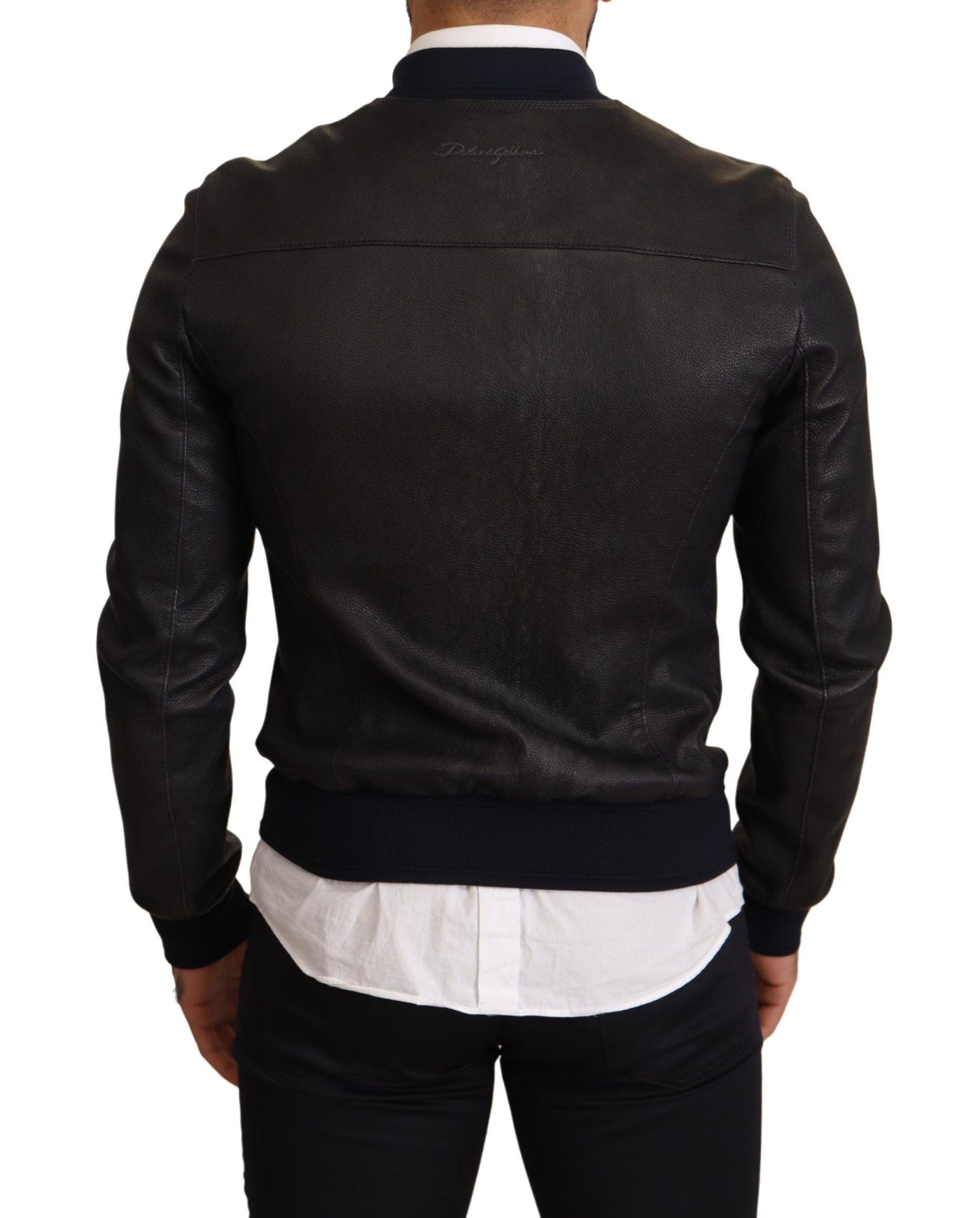 Dolce & Gabbana Elegant Leather Bomber Jacket in Dark Blue - Arichezz.store