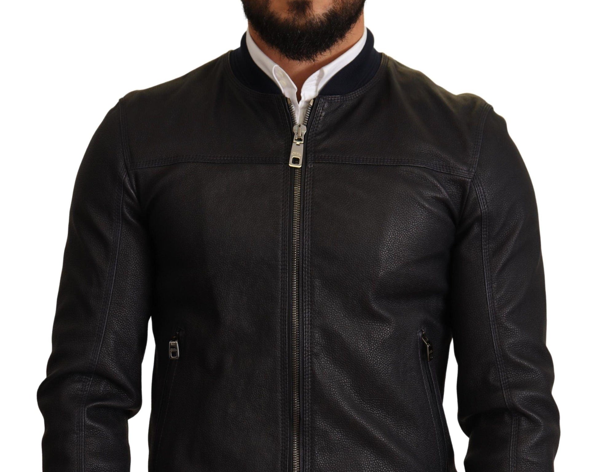 Dolce & Gabbana Elegant Leather Bomber Jacket in Dark Blue - Arichezz.store