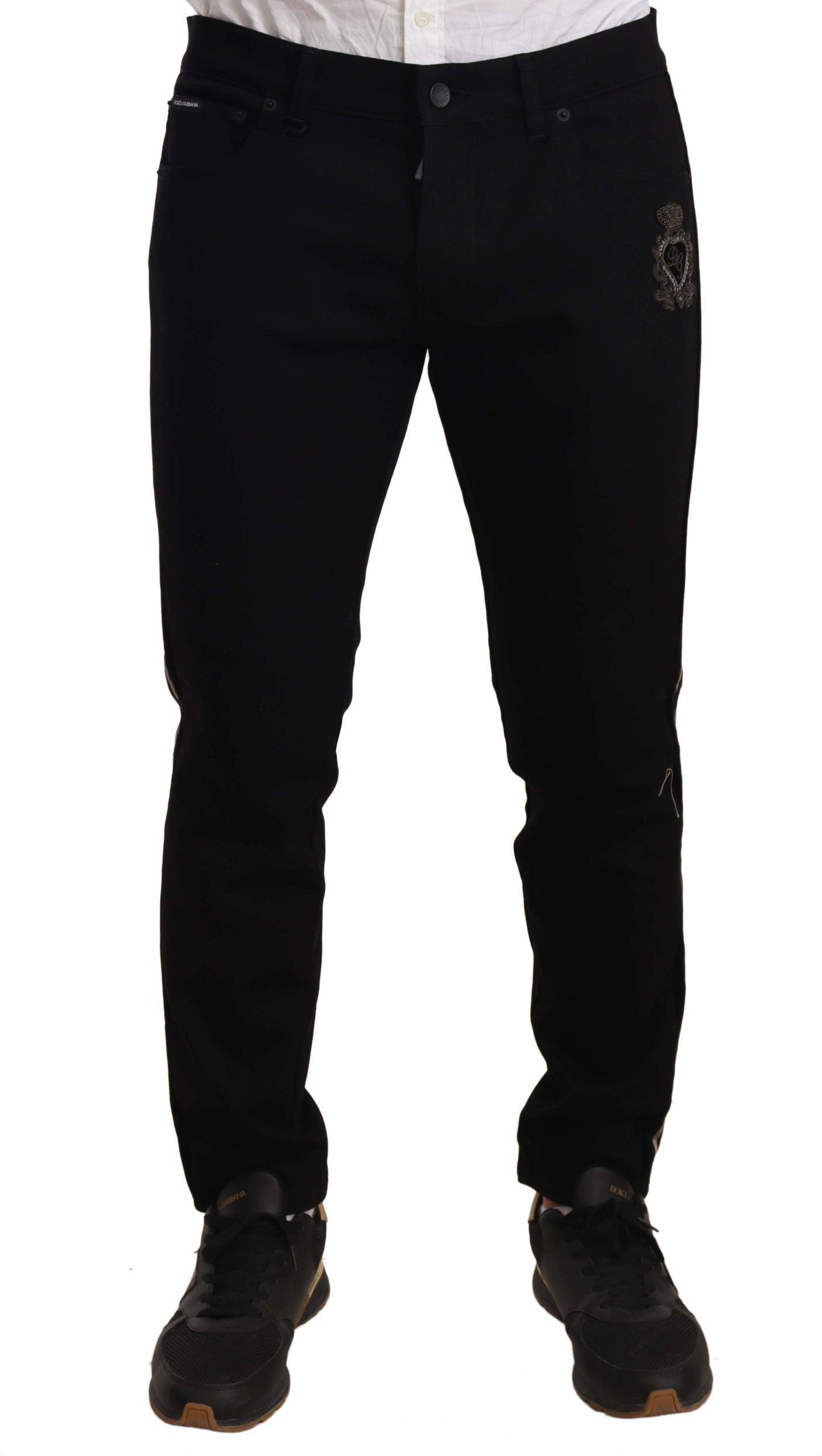 Dolce & Gabbana Heraldic Embroidered Slim Fit Black Jeans - Arichezz.store