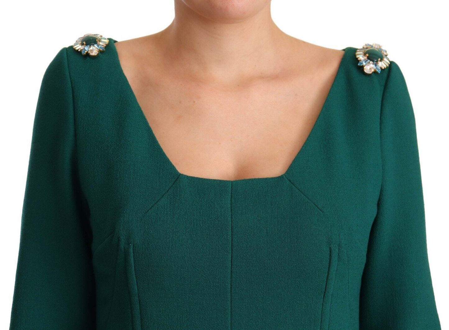 Dolce & Gabbana Emerald Green Midi Sheath Dress with Crystal Brooch - Arichezz.store