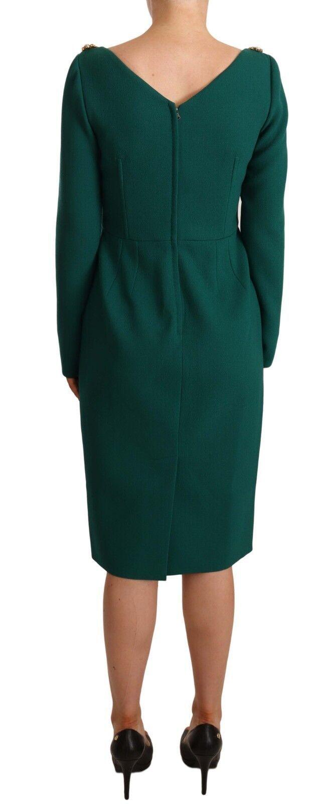 Dolce & Gabbana Emerald Green Midi Sheath Dress with Crystal Brooch - Arichezz.store