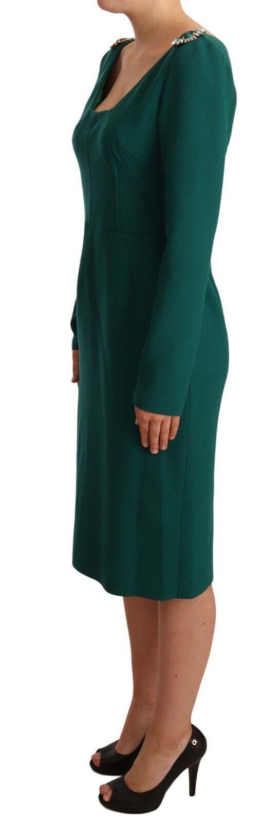 Dolce & Gabbana Emerald Green Midi Sheath Dress with Crystal Brooch - Arichezz.store