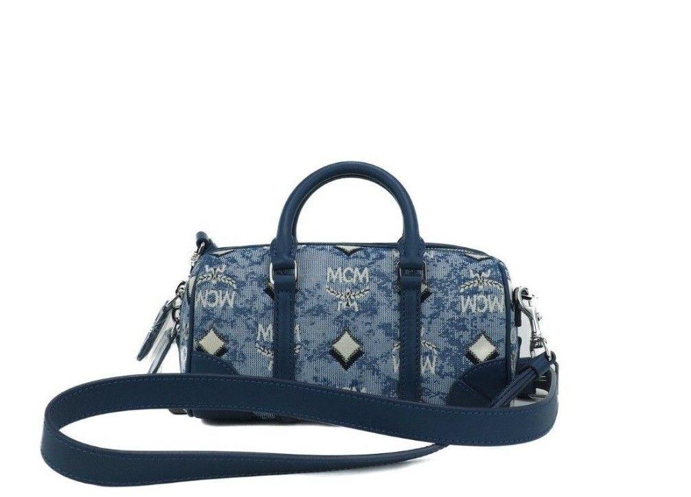 MCM Boston Mini Blue Vintage Jacquard Logo Fabric Satchel Crossbody Handbag - Arichezz.store