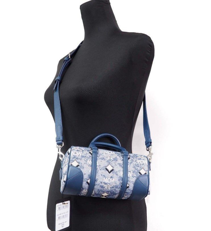 MCM Boston Mini Blue Vintage Jacquard Logo Fabric Satchel Crossbody Handbag - Arichezz.store