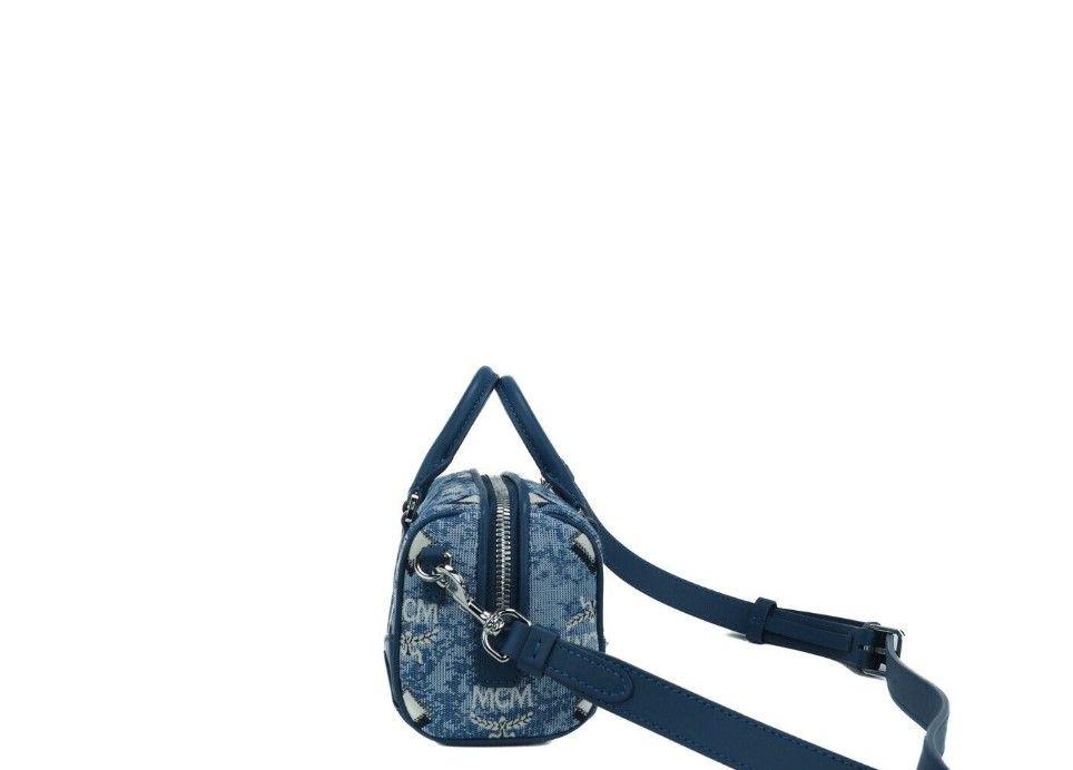 MCM Boston Mini Blue Vintage Jacquard Logo Fabric Satchel Crossbody Handbag - Arichezz.store