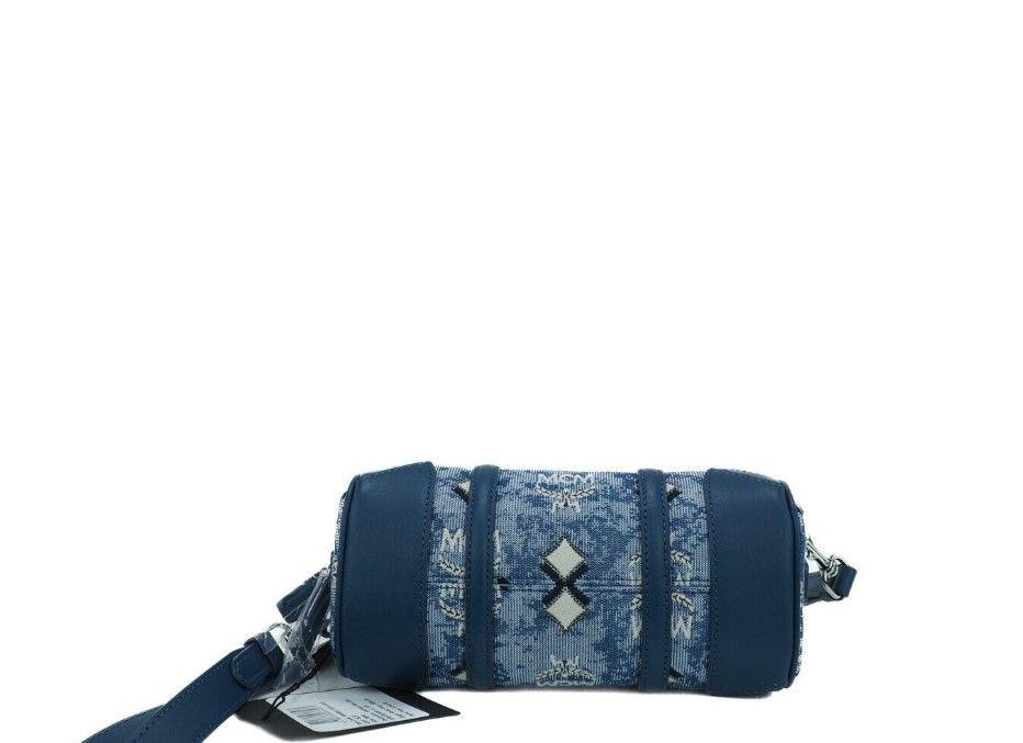 MCM Boston Mini Blue Vintage Jacquard Logo Fabric Satchel Crossbody Handbag - Arichezz.store