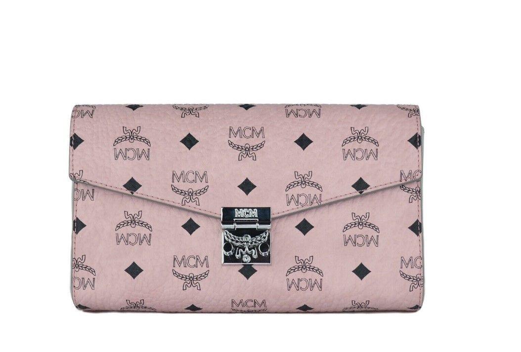 MCM Medium Soft Pink Signature Diamond Logo Leather Clutch Crossbody Handbag - Arichezz.store