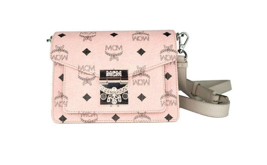 MCM Signature Soft Pink Diamond Logo Leather Mini Flap Lock Crossbody Handbag - Arichezz.store