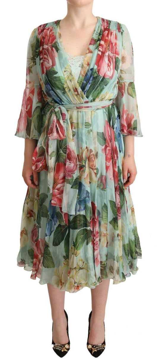 Dolce & Gabbana Elegant Floral Green Midi Silk Dress - Arichezz.store