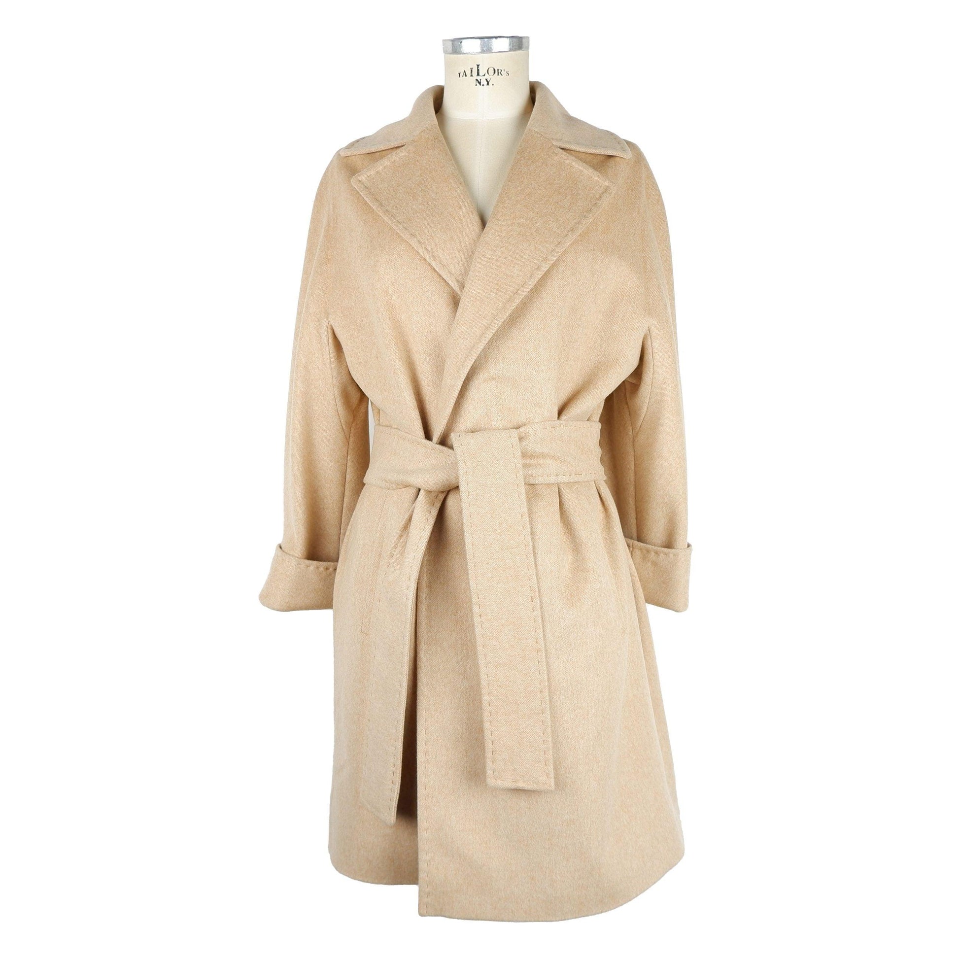 Elegant Beige Wool Coat with Waist Belt - Made in Italy - Arichezz.store