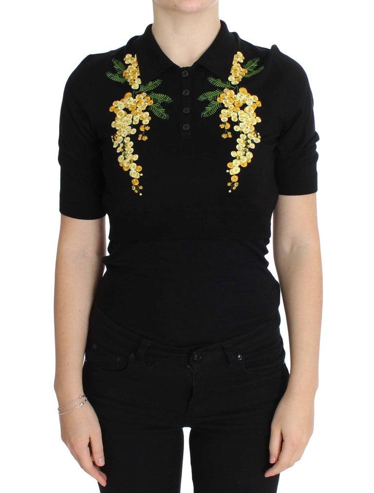 Dolce & Gabbana Elegant Black Silk Floral Polo Top - Arichezz.store