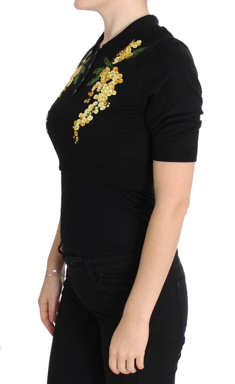 Dolce & Gabbana Elegant Black Silk Floral Polo Top - Arichezz.store