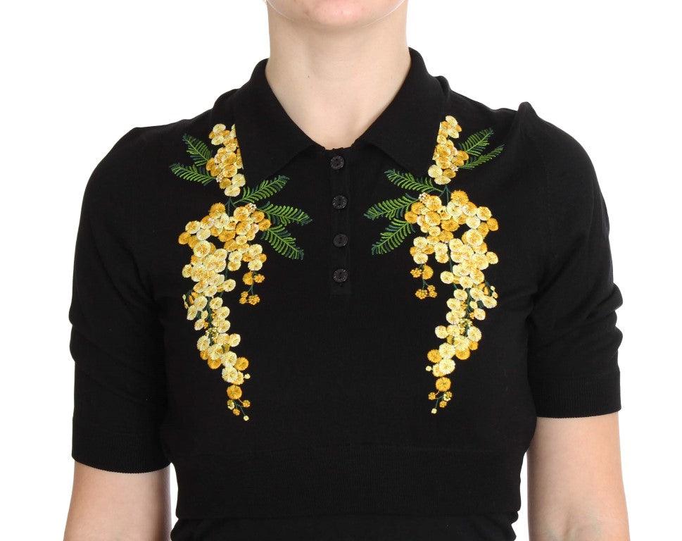 Dolce & Gabbana Elegant Black Silk Floral Polo Top - Arichezz.store