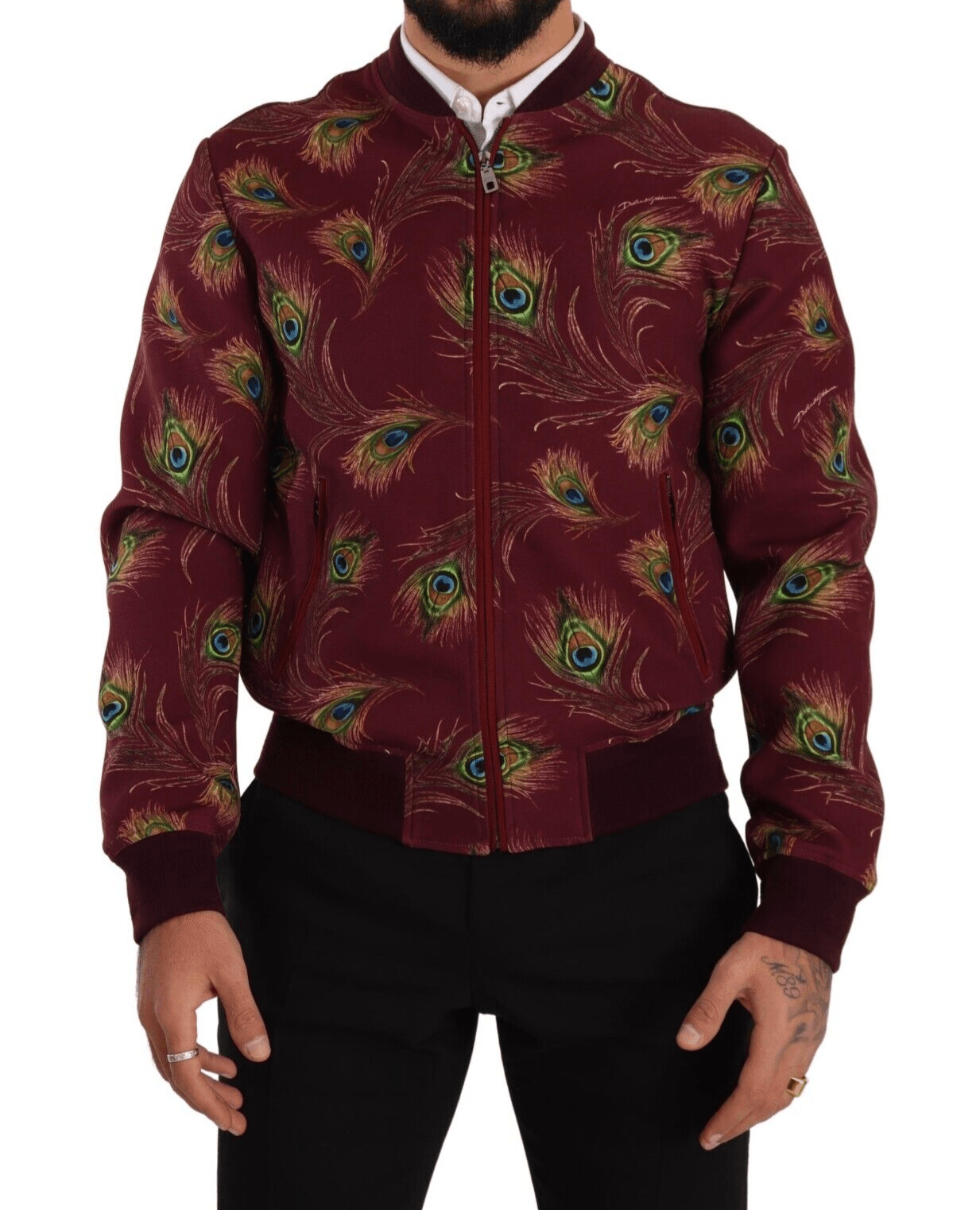 Dolce & Gabbana Radiant Red Peacock Print Bomber Jacket - Arichezz.store