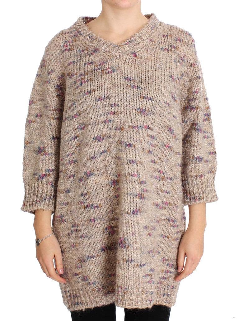 PINK MEMORIES Beige Oversized V-Neck Knitted Sweater - Arichezz.store