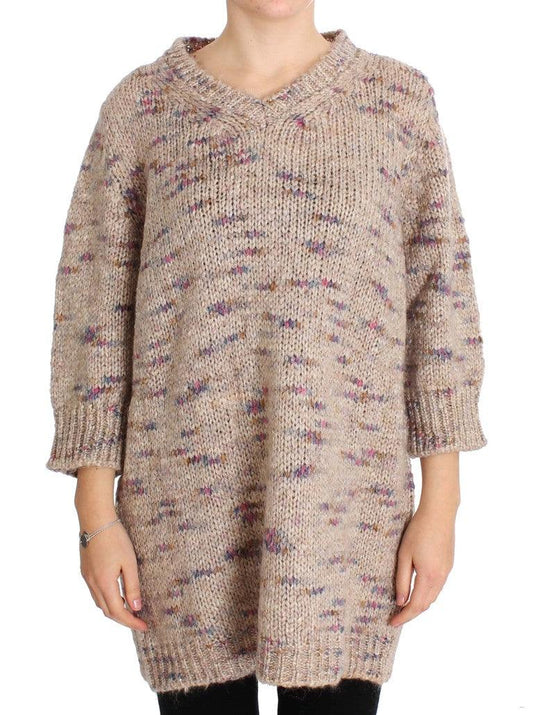 PINK MEMORIES Beige Oversized V-Neck Knitted Sweater - Arichezz.store