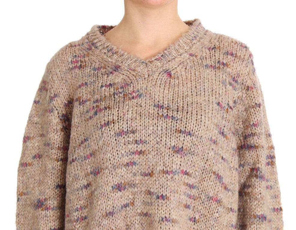 PINK MEMORIES Beige Oversized V-Neck Knitted Sweater - Arichezz.store