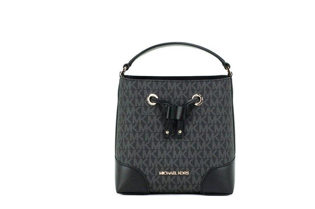 Michael Kors Mercer Small Black Signature Leather Bucket Crossbody Handbag Purse - Arichezz.store