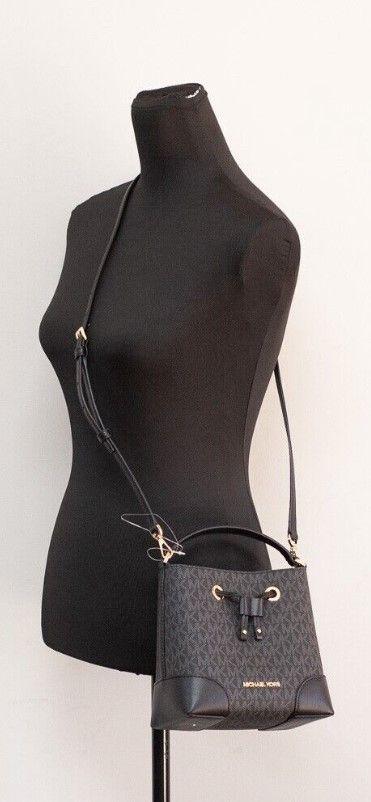 Michael Kors Mercer Small Black Signature Leather Bucket Crossbody Handbag Purse - Arichezz.store