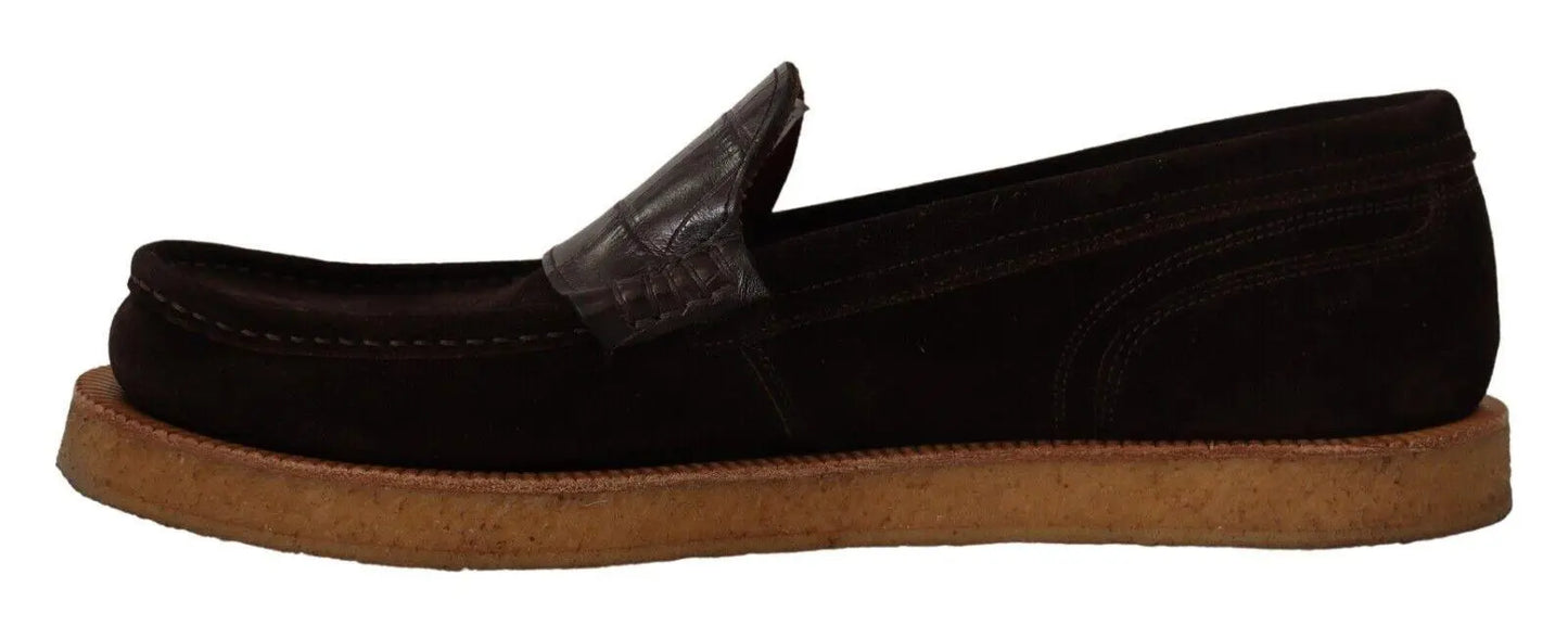 Dolce & Gabbana Elegant Suede Crocodile Loafers in Brown - Arichezz.store