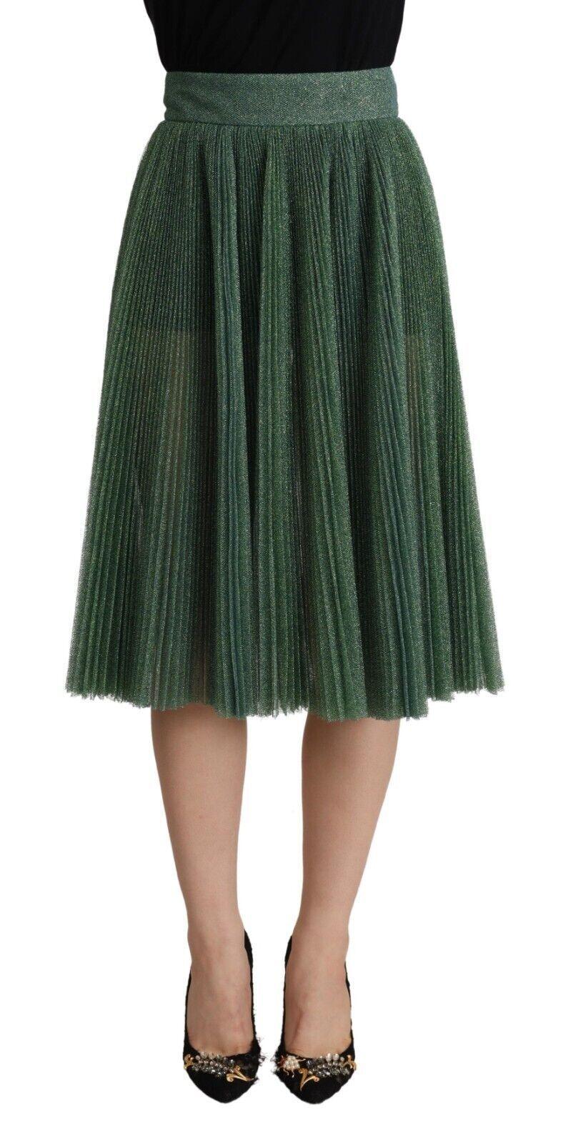 Dolce & Gabbana Metallic Green Pleated A-Line Midi Skirt - Arichezz.store