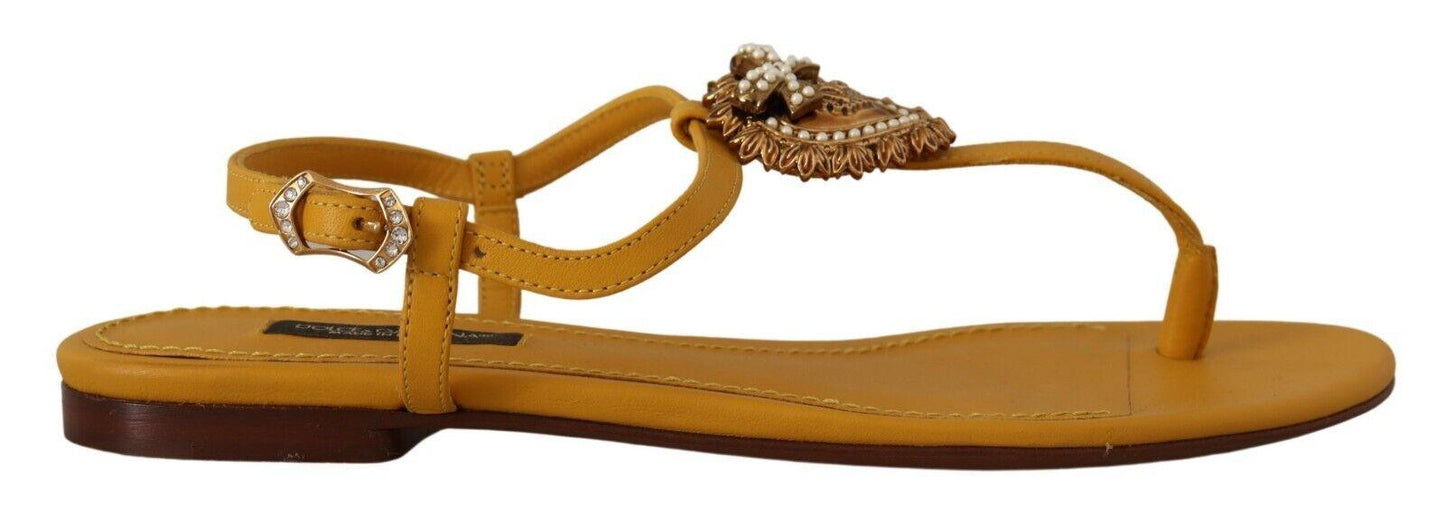 Dolce & Gabbana Mustard T-Strap Flat Sandals with Heart Embellishment - Arichezz.store