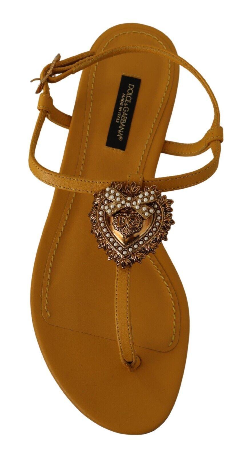 Dolce & Gabbana Mustard T-Strap Flat Sandals with Heart Embellishment - Arichezz.store