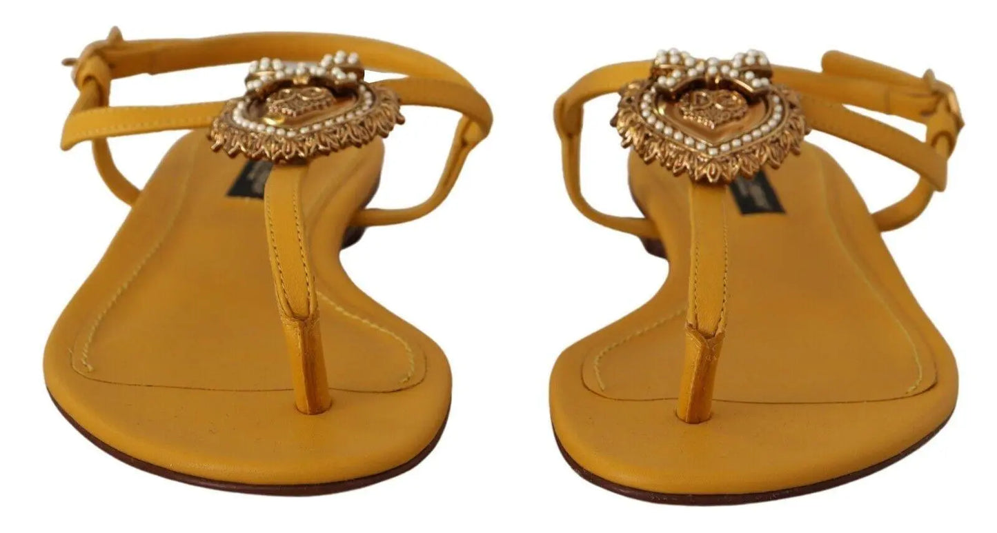 Dolce & Gabbana Mustard T-Strap Flat Sandals with Heart Embellishment - Arichezz.store