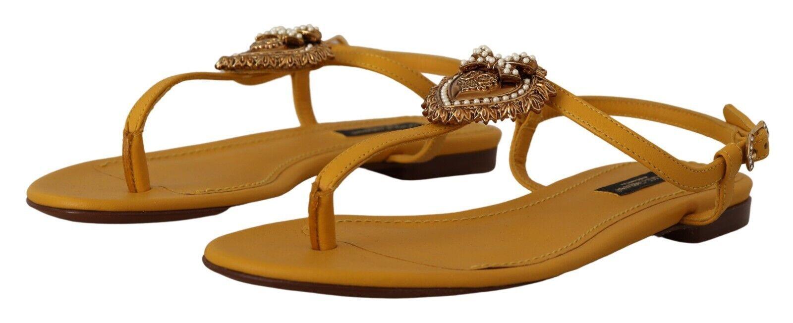 Dolce & Gabbana Mustard T-Strap Flat Sandals with Heart Embellishment - Arichezz.store