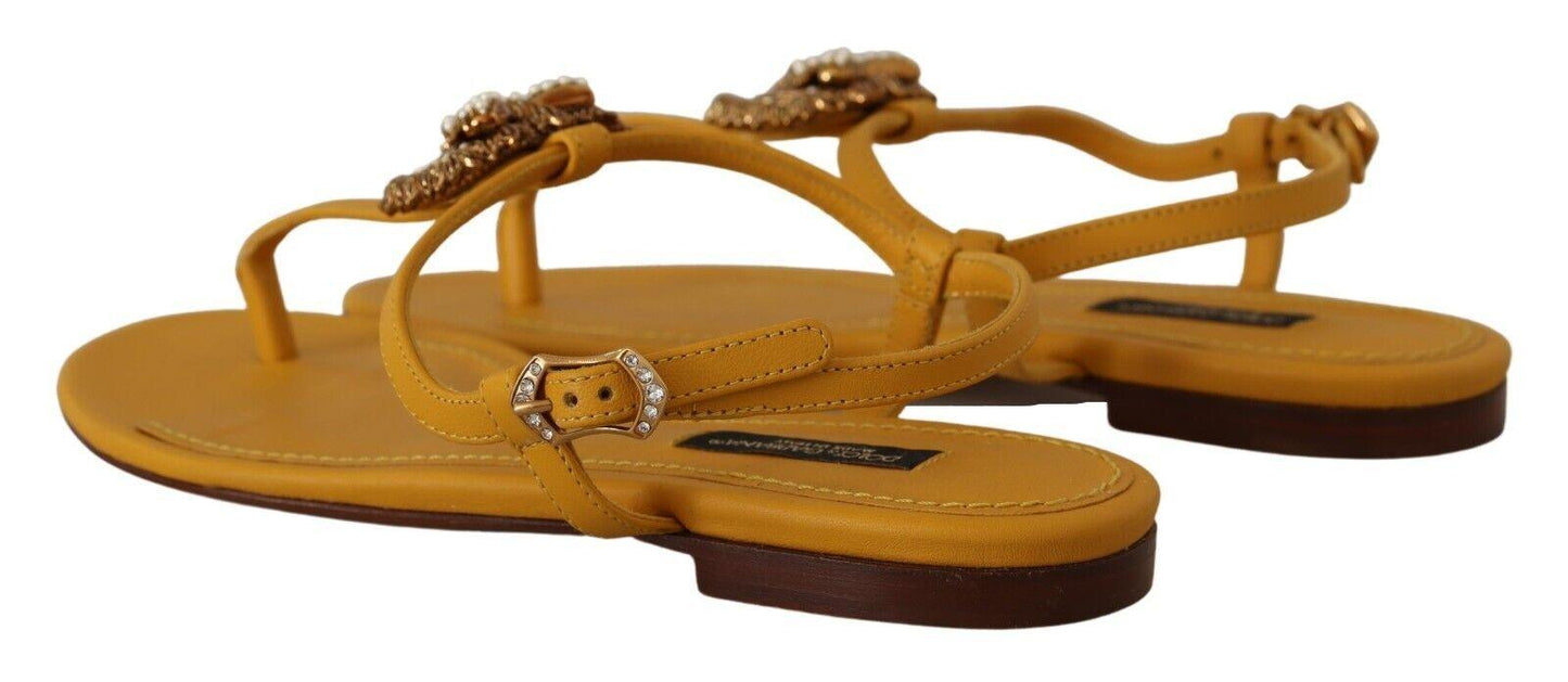 Dolce & Gabbana Mustard T-Strap Flat Sandals with Heart Embellishment - Arichezz.store