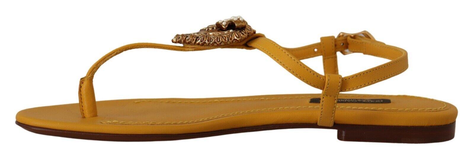 Dolce & Gabbana Mustard T-Strap Flat Sandals with Heart Embellishment - Arichezz.store